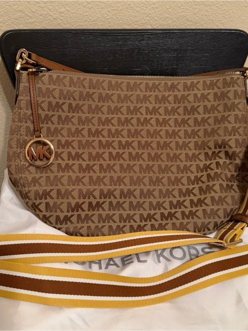Michael Kors Brown MK Signature Shoulder Bag with Striped Strap